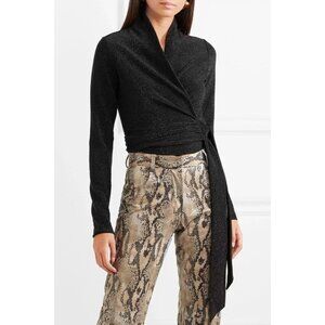 NWOT GANNI Baxter Black Metallic Glitter Shawl Cropped Wrap Blouse, Size 36/4